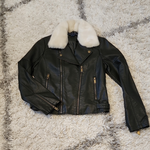 French Connection Dark Olive Faux Leather Jacket with White Fur Collar - Picture 3 of 8